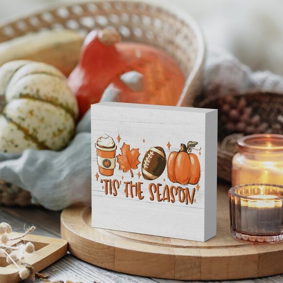 Rustic Tis' the Season" Pumpkin Wood Sign - Farmhouse Fall Decor, 5x5 Inch Block - Picture 2 of 6